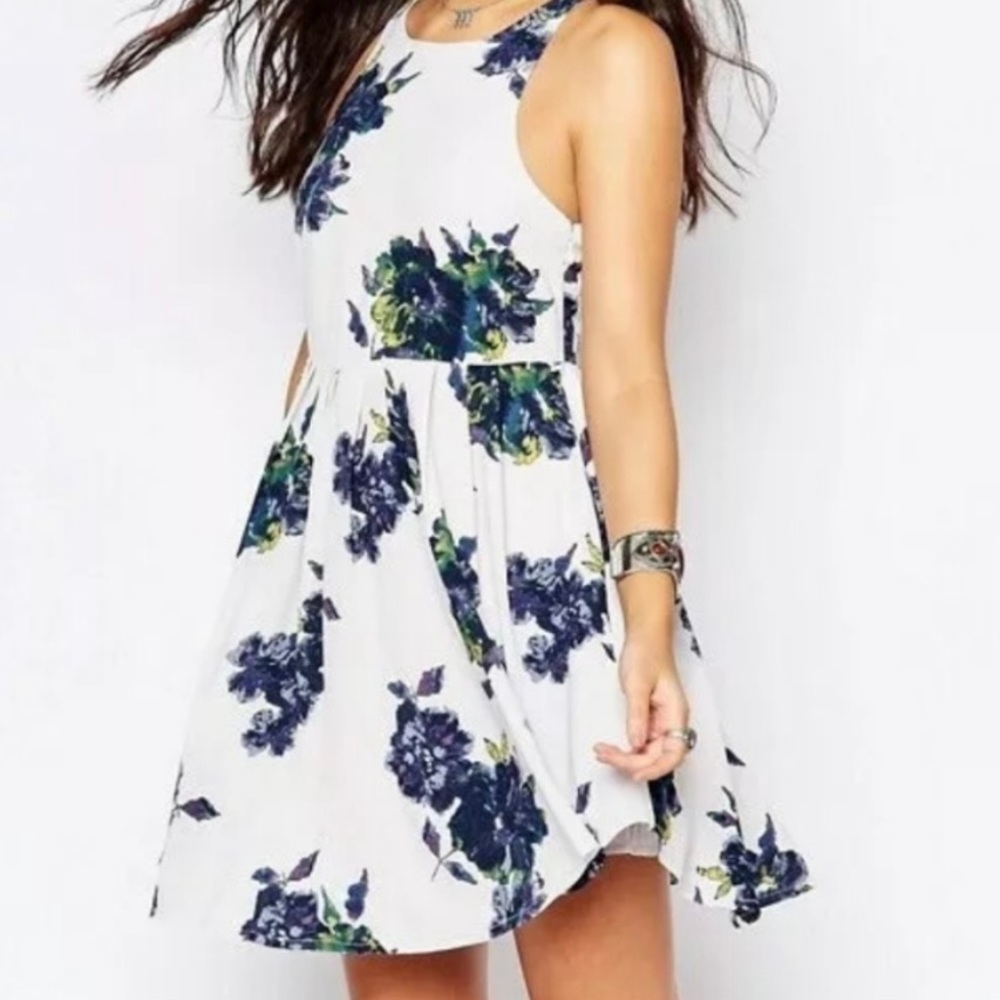 Free People White/Blue Floral Skater Dress with Pockets